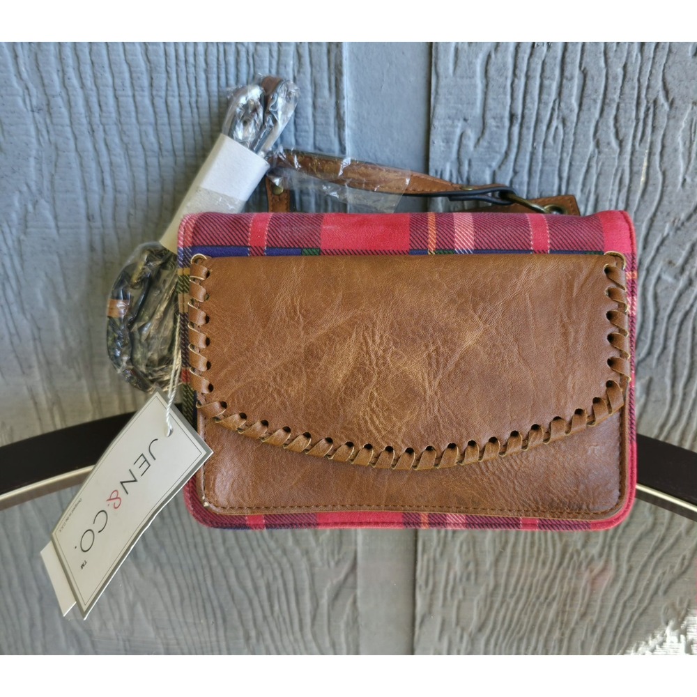 Jen & Co. Red Plaid Crossbody Wallet Purse Whipstitch Brown Leather Flap RFID